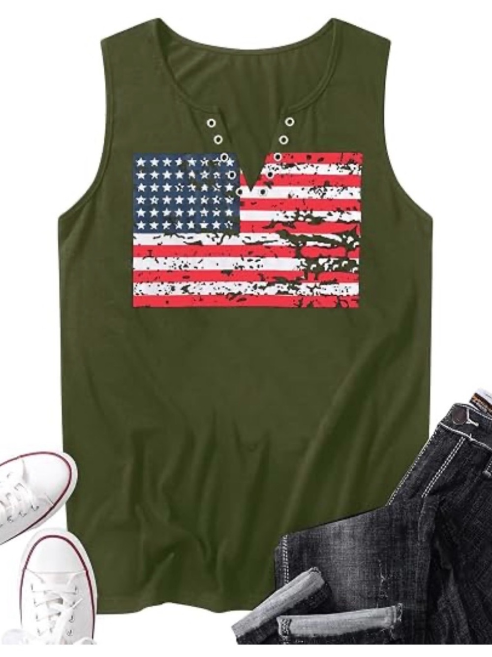 Amazon Olive Green Muscle Tee with Distressed American Flag size M